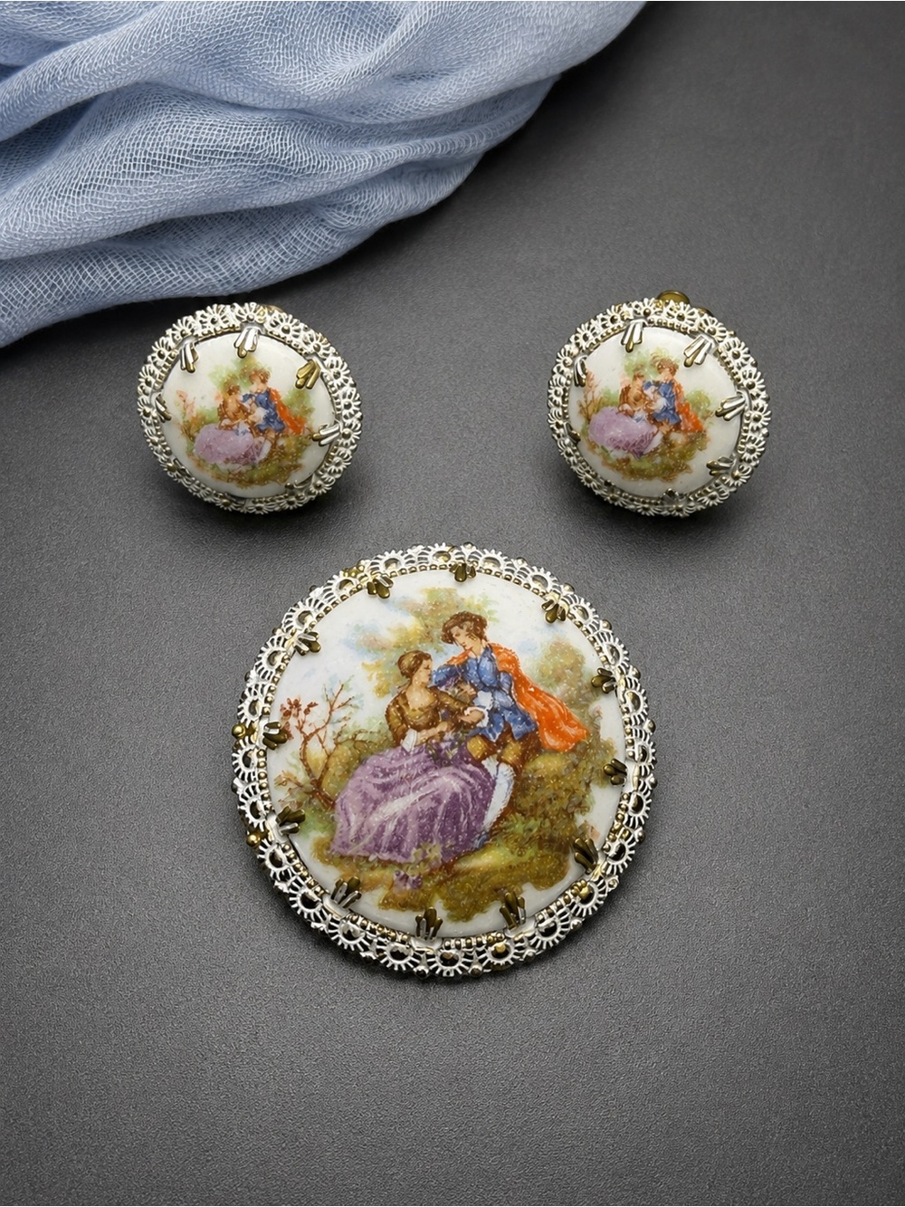 Vintage Fragonard Sugared Brooch and Earrings West German #80set